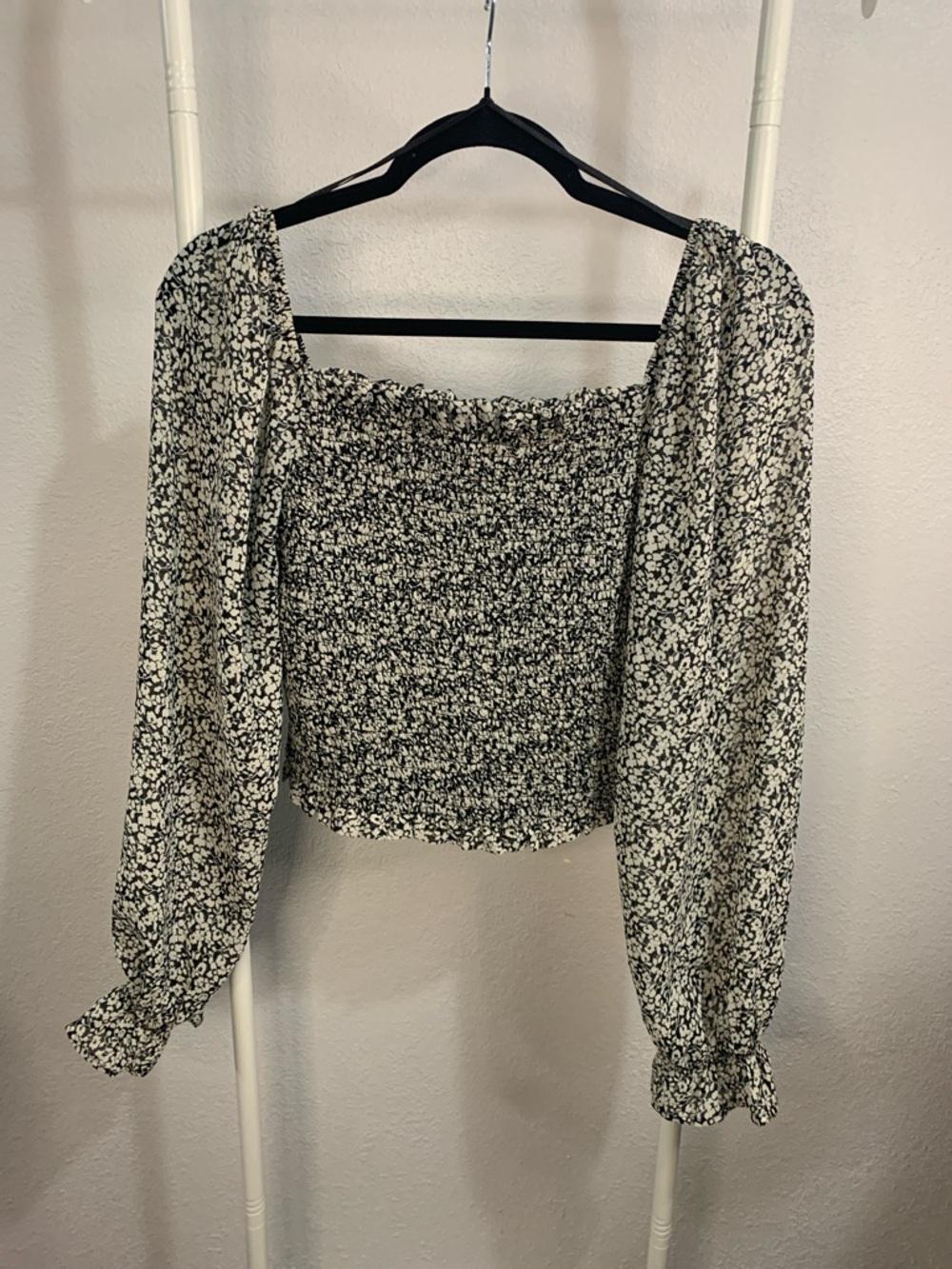 Japna Black & White Floral Smocked Square-Neck Top